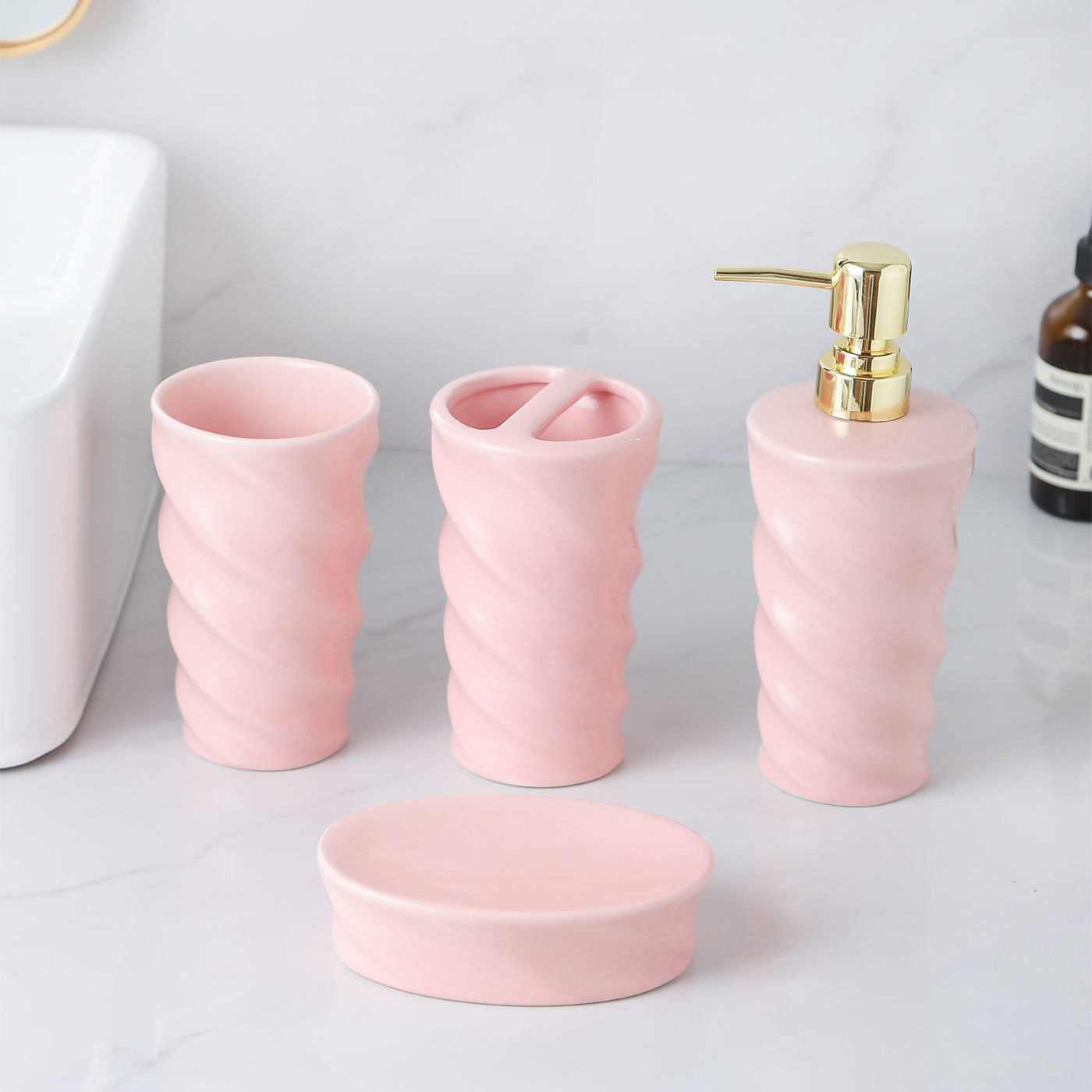Ceramic Bathroom Set, 4 Pieces with Soap Dispenser, Toothbrush Holder, Tumbler, and Soap Dish for Home or Hotel Use