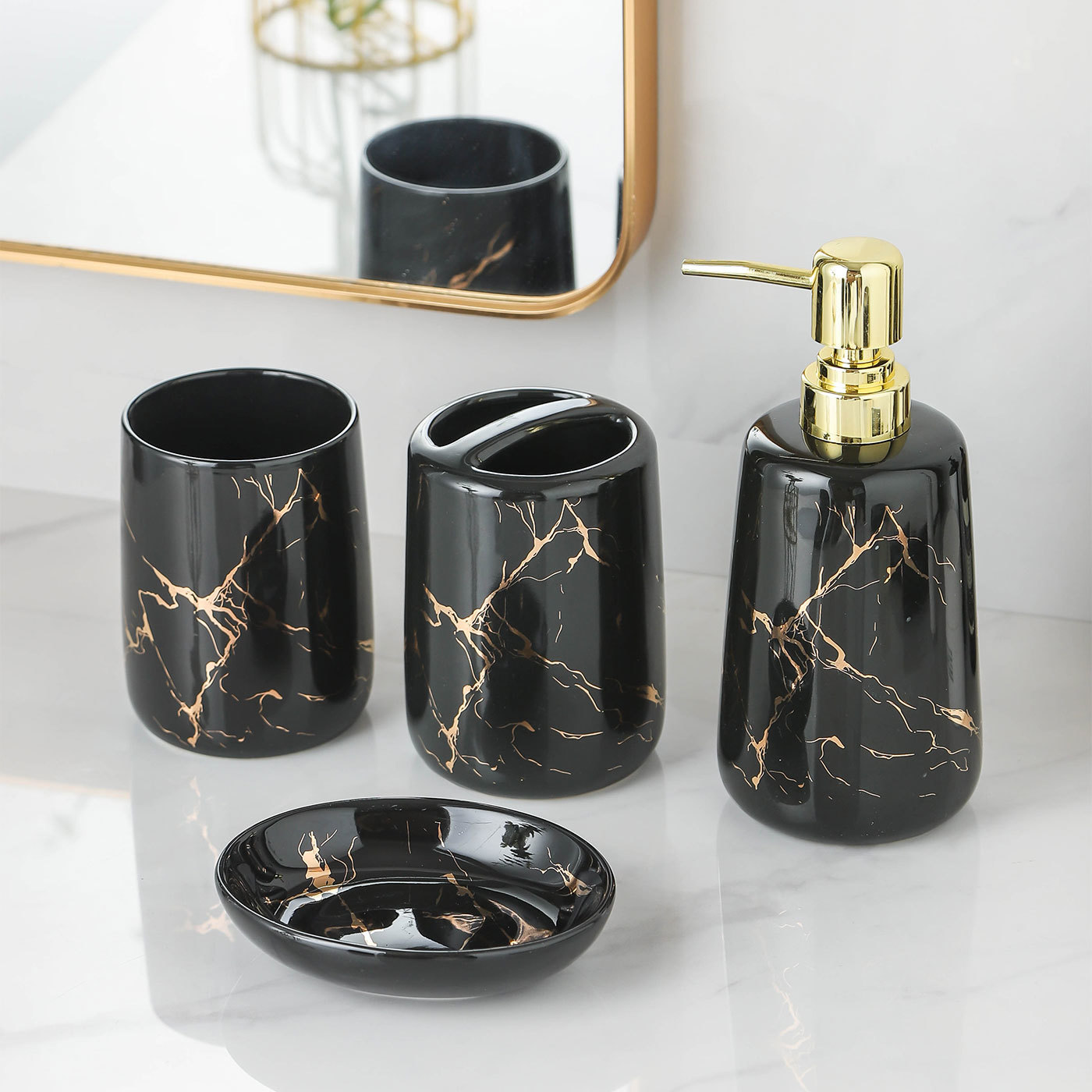 Ceramic Bathroom Set, 4 Pieces with Soap Dispenser, Toothbrush Holder, Tumbler, and Soap Dish for Home or Hotel Use