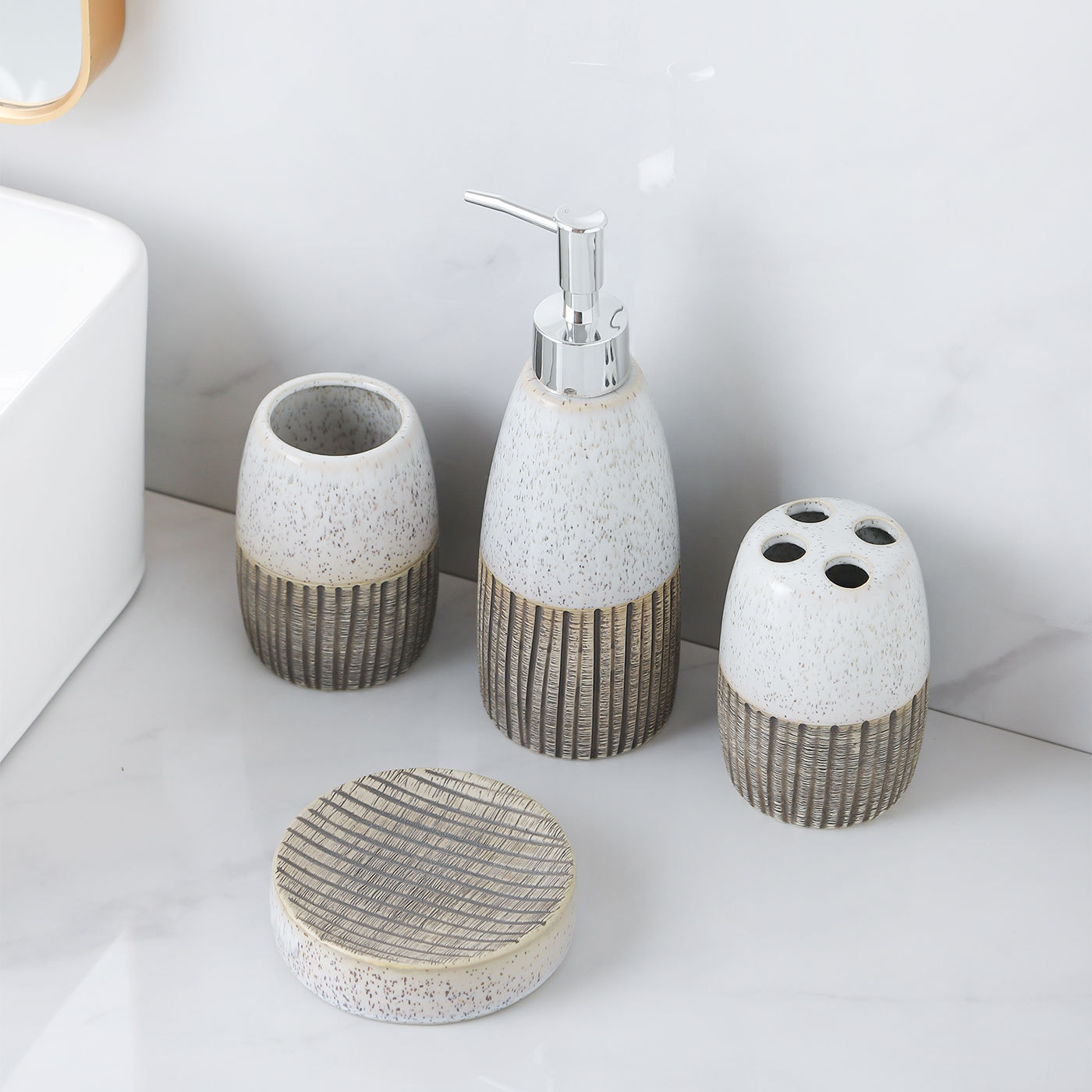 Ceramic 4-Piece Bathroom Set With Soap Dispenser, Toothbrush Holder, Tumbler, and Soap Dish for Home or Hotel Decor