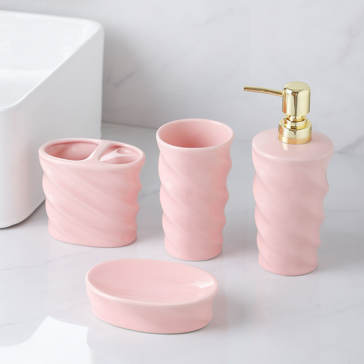 Minimalist Bathroom Accessory Set, 4-Piece Set with Toothbrush Holder, Soap Dish, Tumbler, and Lotion Dispenser