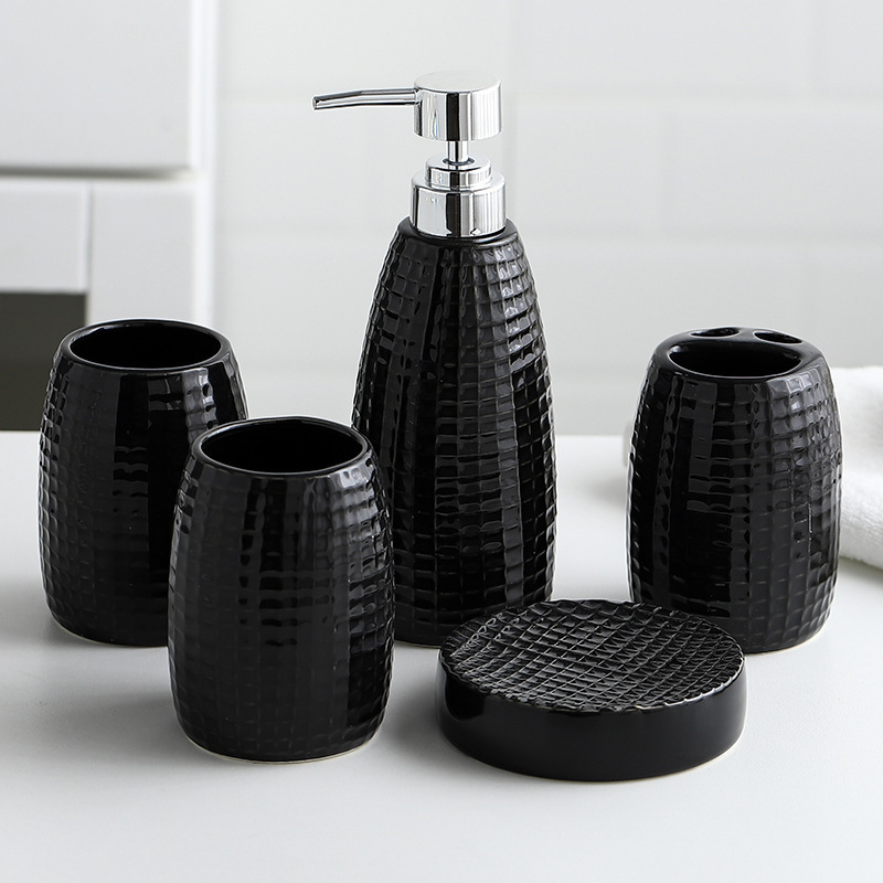 Ceramic 4-Piece Bathroom Set With Soap Dispenser, Toothbrush Holder, Tumbler, and Soap Dish for Home or Hotel Decor