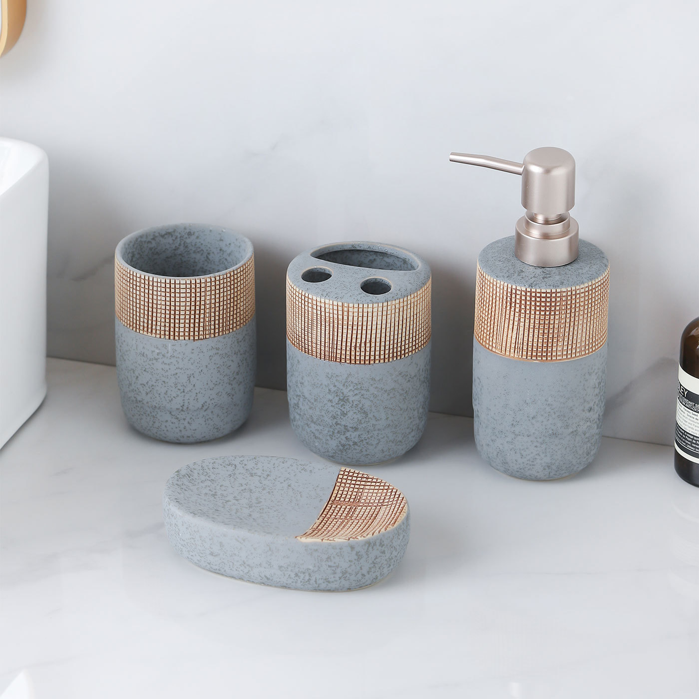 Minimalist Bathroom Accessory Set, 4-Piece Set with Toothbrush Holder, Soap Dish, Tumbler, and Lotion Dispenser