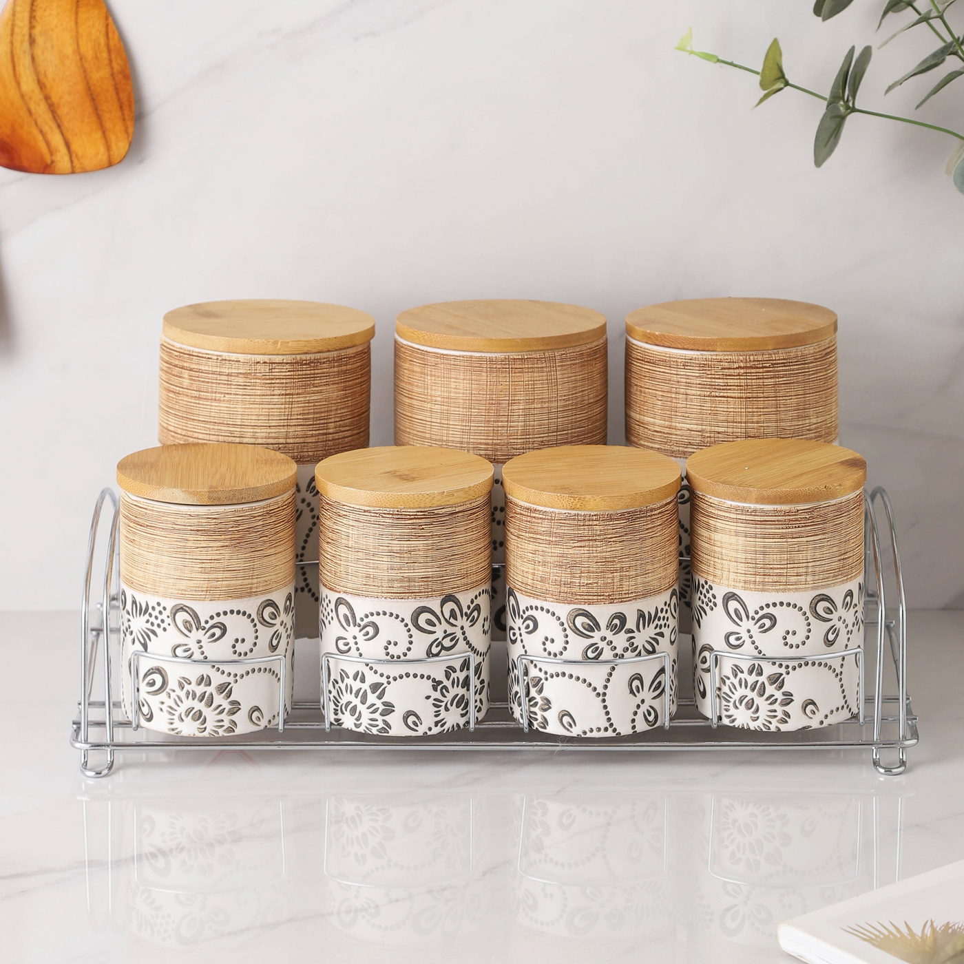 Vintage Custom Ceramic Canister Set 3/7 Piece Chic Design Ceramic Storage Jars With Bamboo Lid for Home Living Room Kitchen for Sugar Coffee Tea Spice Pepper Salt Use