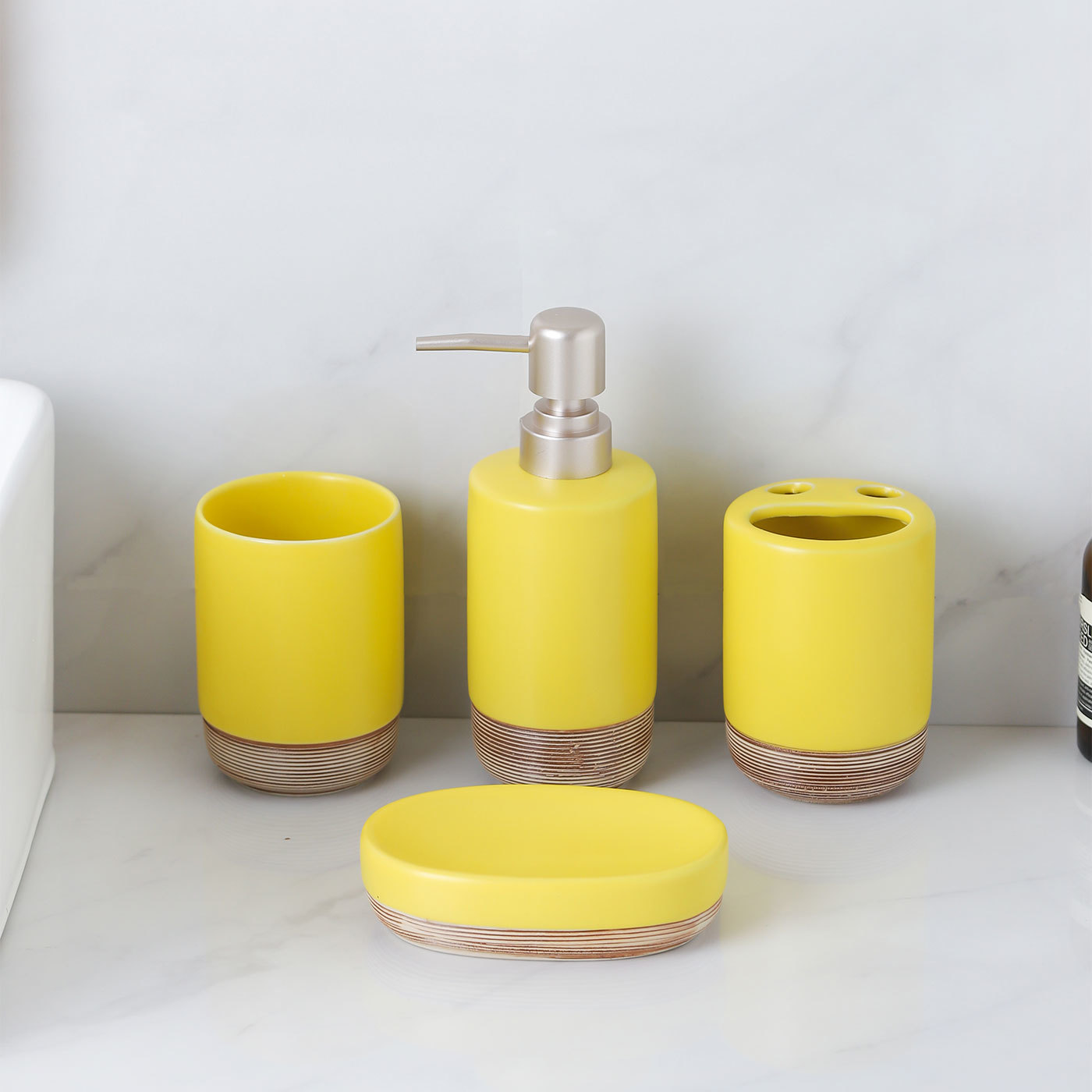 Minimalist Bathroom Accessory Set, 4-Piece Set with Toothbrush Holder, Soap Dish, Tumbler, and Lotion Dispenser