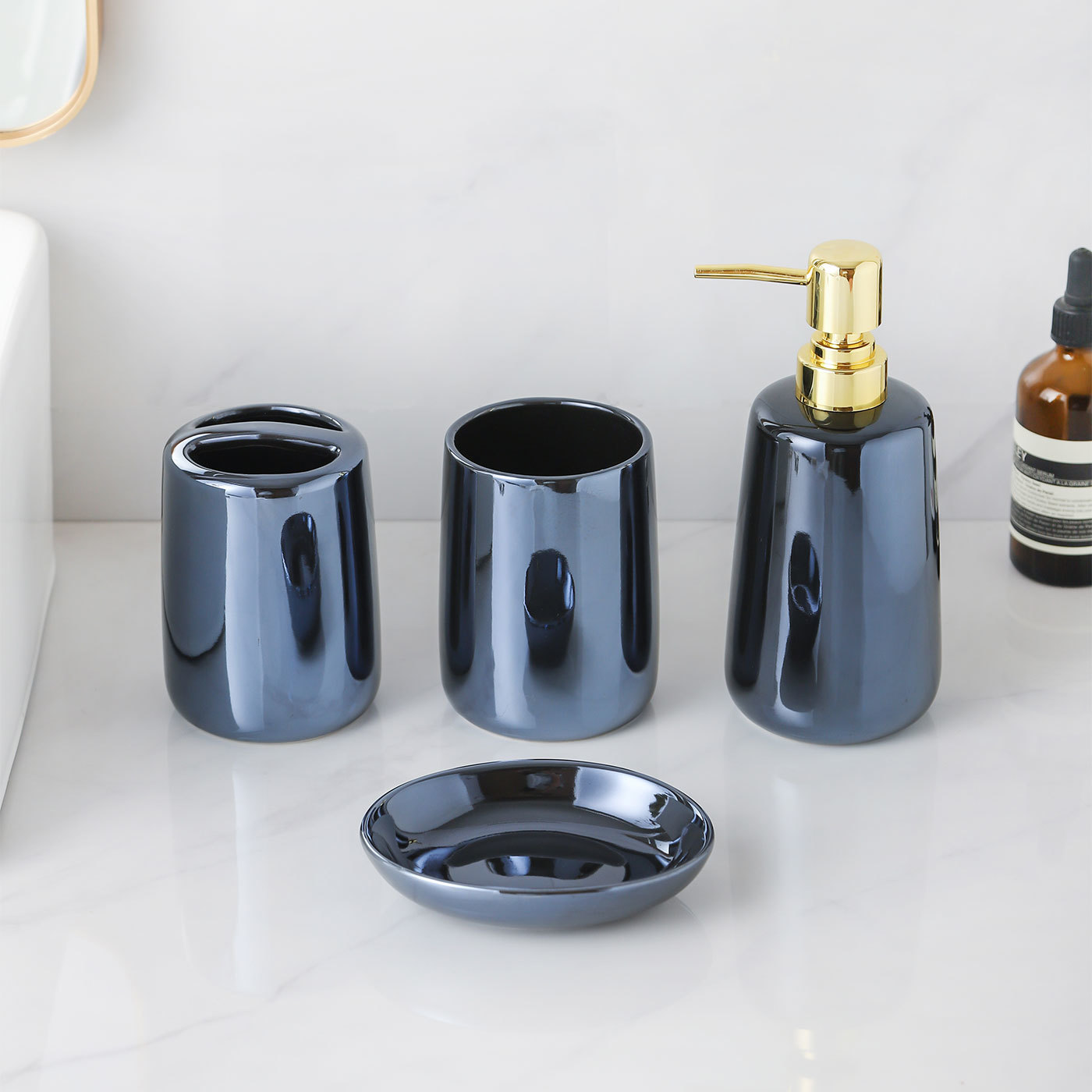 Minimalist Bathroom Accessory Set, 4-Piece Set with Toothbrush Holder, Soap Dish, Tumbler, and Lotion Dispenser