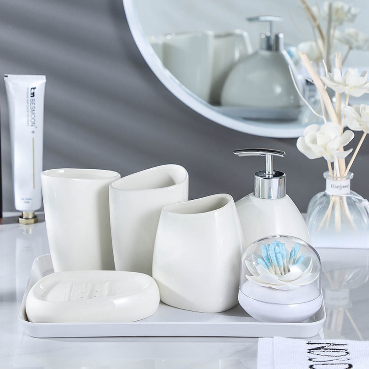 Ceramic Bathroom Set, 4 Pieces with Soap Dispenser, Toothbrush Holder, Tumbler, and Soap Dish for Home or Hotel Use