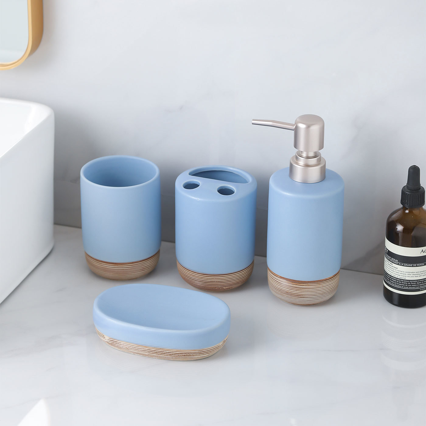 Ceramic Bathroom Set, 4 Pieces with Soap Dispenser, Toothbrush Holder, Tumbler, and Soap Dish for Home or Hotel Use