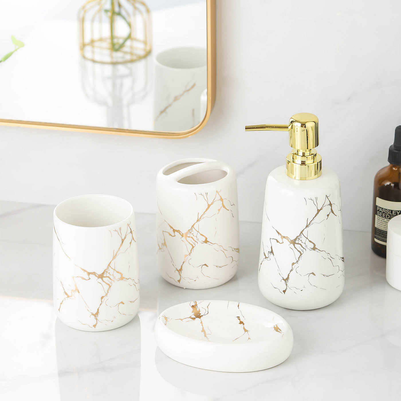 Minimalist Bathroom Accessory Set, 4-Piece Set with Toothbrush Holder, Soap Dish, Tumbler, and Lotion Dispenser
