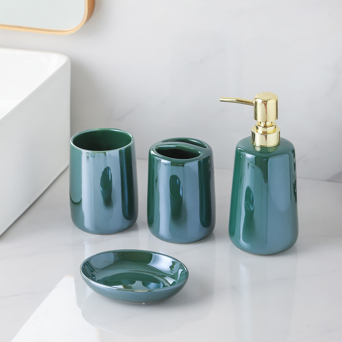 Ceramic 4-Piece Bathroom Set With Soap Dispenser, Toothbrush Holder, Tumbler, and Soap Dish for Home or Hotel Decor