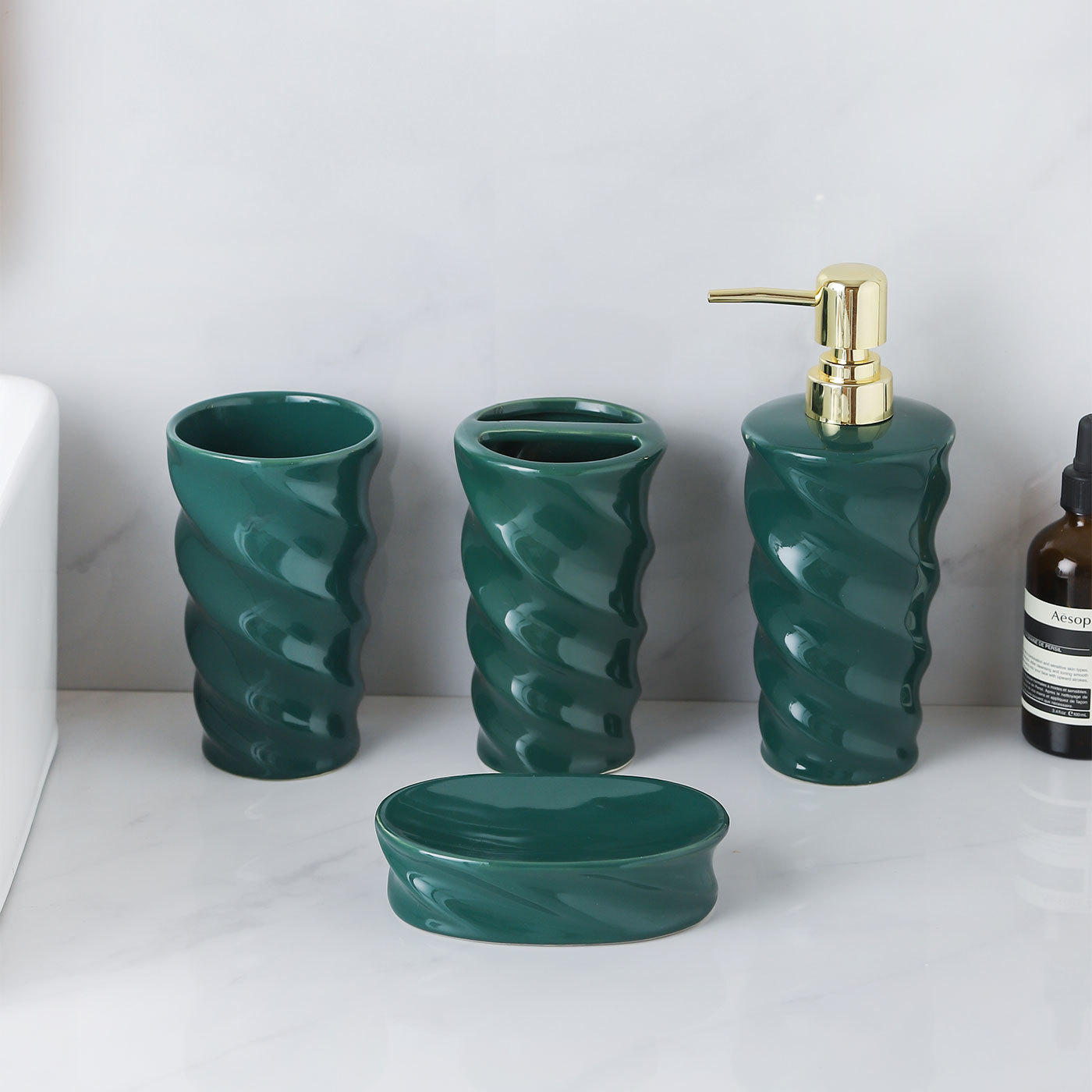 Ceramic 4-Piece Bathroom Set With Soap Dispenser, Toothbrush Holder, Tumbler, and Soap Dish for Home or Hotel Decor