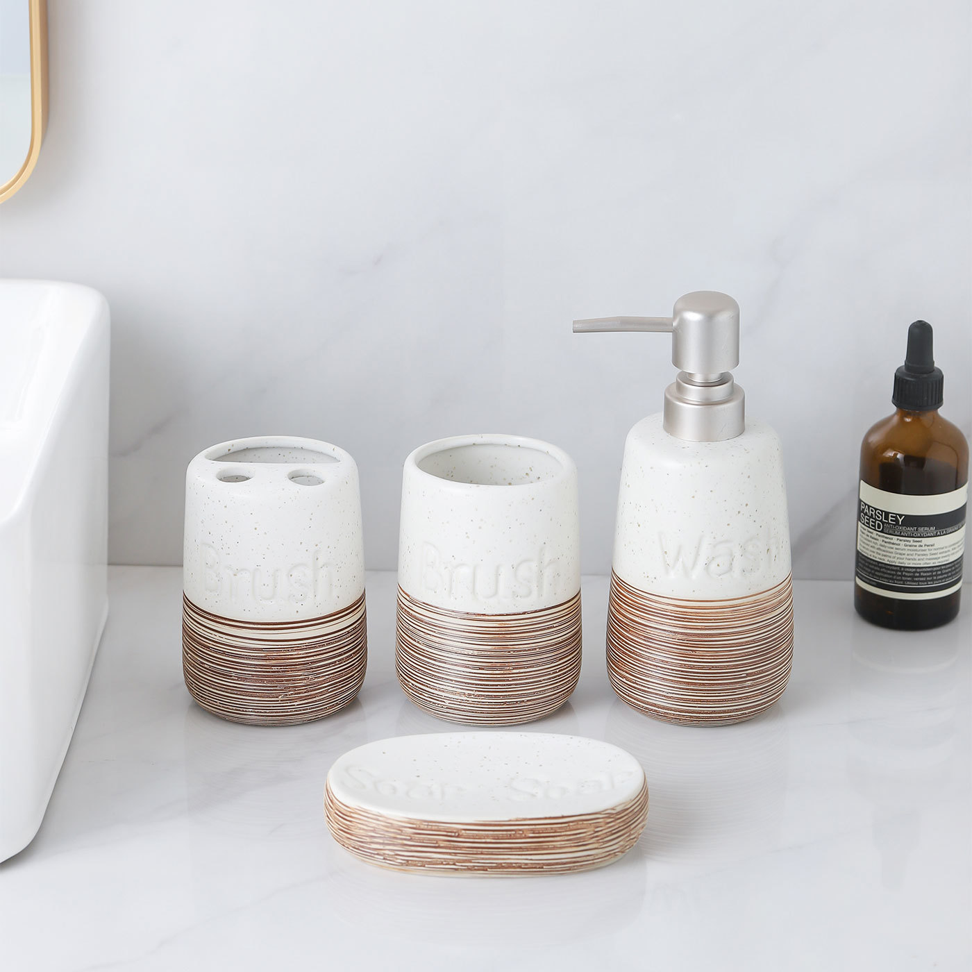 Ceramic Bathroom Set, 4 Pieces with Soap Dispenser, Toothbrush Holder, Tumbler, and Soap Dish for Home or Hotel Use