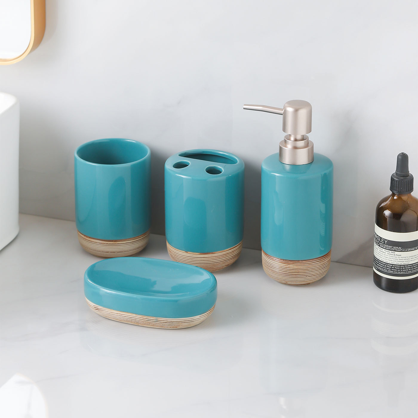 Ceramic 4-Piece Bathroom Set With Soap Dispenser, Toothbrush Holder, Tumbler, and Soap Dish for Home or Hotel Decor