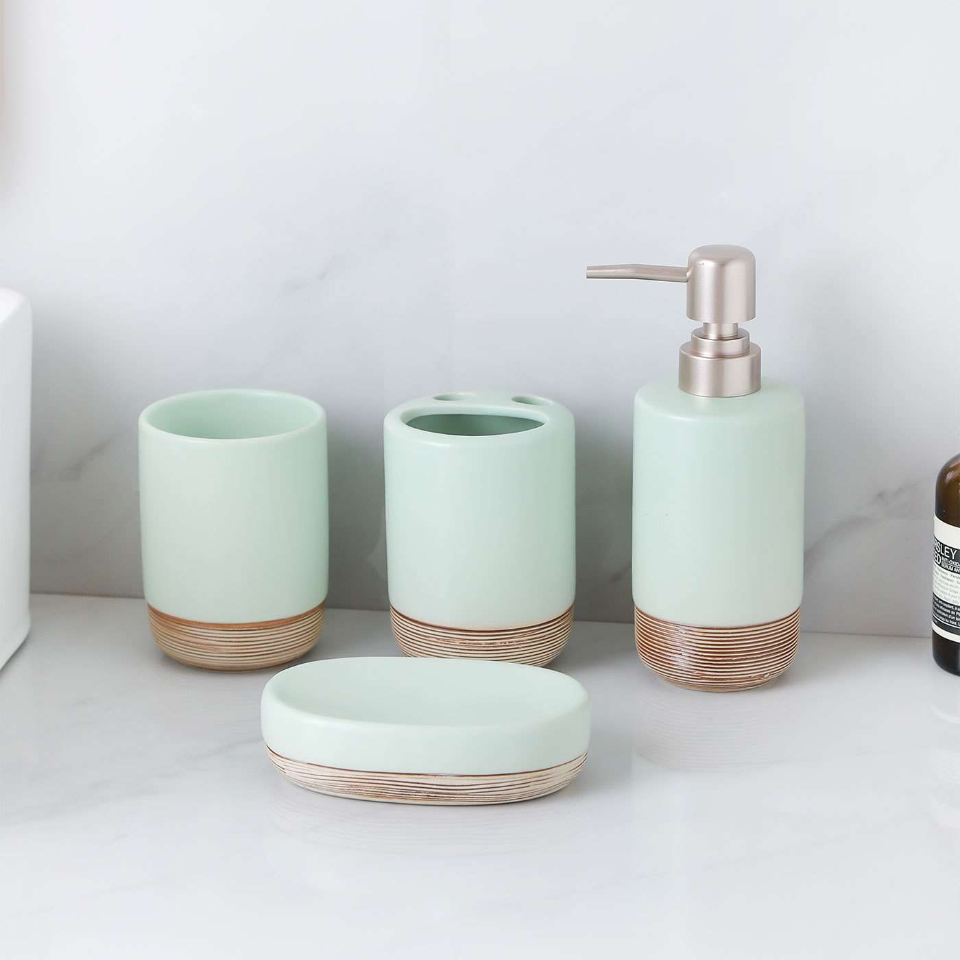 Ceramic 4-Piece Bathroom Set With Soap Dispenser, Toothbrush Holder, Tumbler, and Soap Dish for Home or Hotel Decor