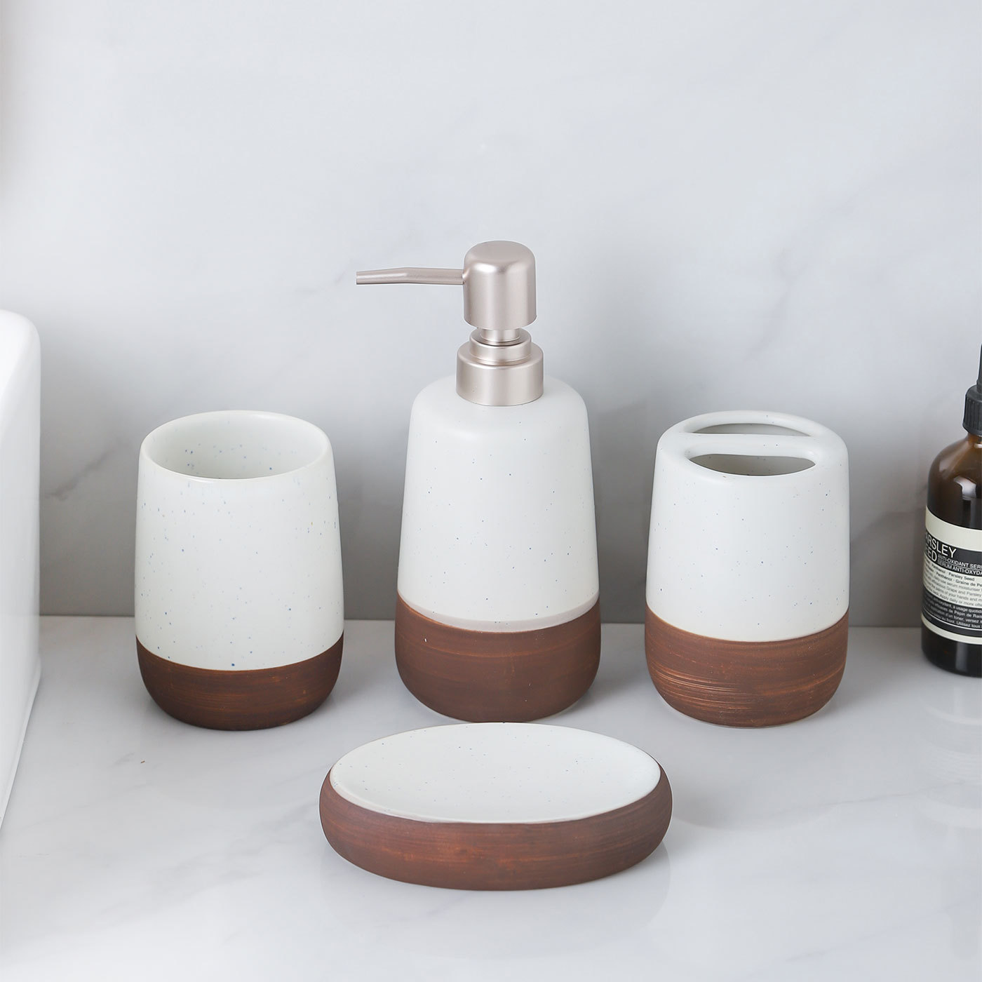 Minimalist Bathroom Accessory Set, 4-Piece Set with Toothbrush Holder, Soap Dish, Tumbler, and Lotion Dispenser