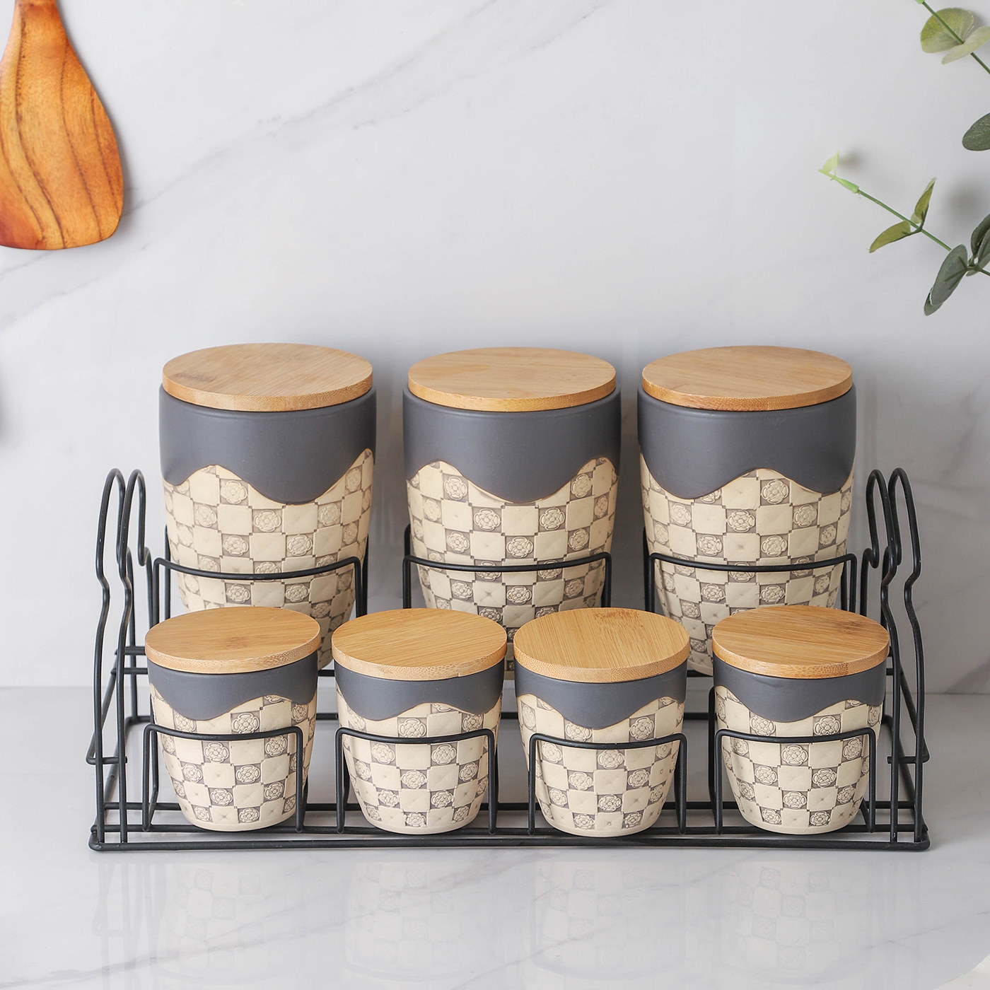 Vintage Custom Ceramic Canister Set 3/7 Piece Chic Design Ceramic Storage Jars With Bamboo Lid for Home Living Room Kitchen for Sugar Coffee Tea Spice Pepper Salt Use Lid for Home Living Room Kitchen for Sugar Coffee Tea Spice Pepper Salt Use