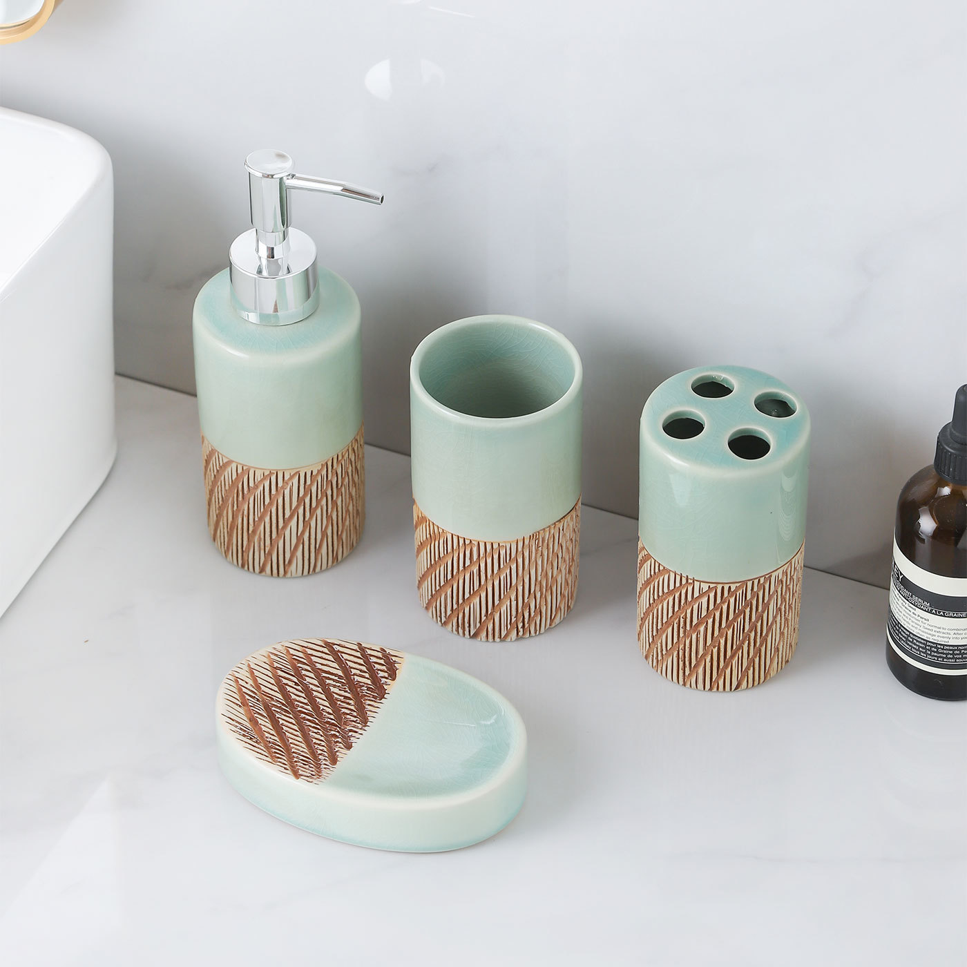 Ceramic Bathroom Set, 4 Pieces with Soap Dispenser, Toothbrush Holder, Tumbler, and Soap Dish for Home or Hotel Use