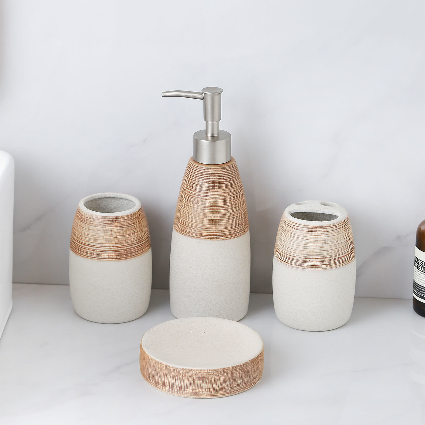 Minimalist Bathroom Accessory Set, 4-Piece Set with Toothbrush Holder, Soap Dish, Tumbler, and Lotion Dispenser