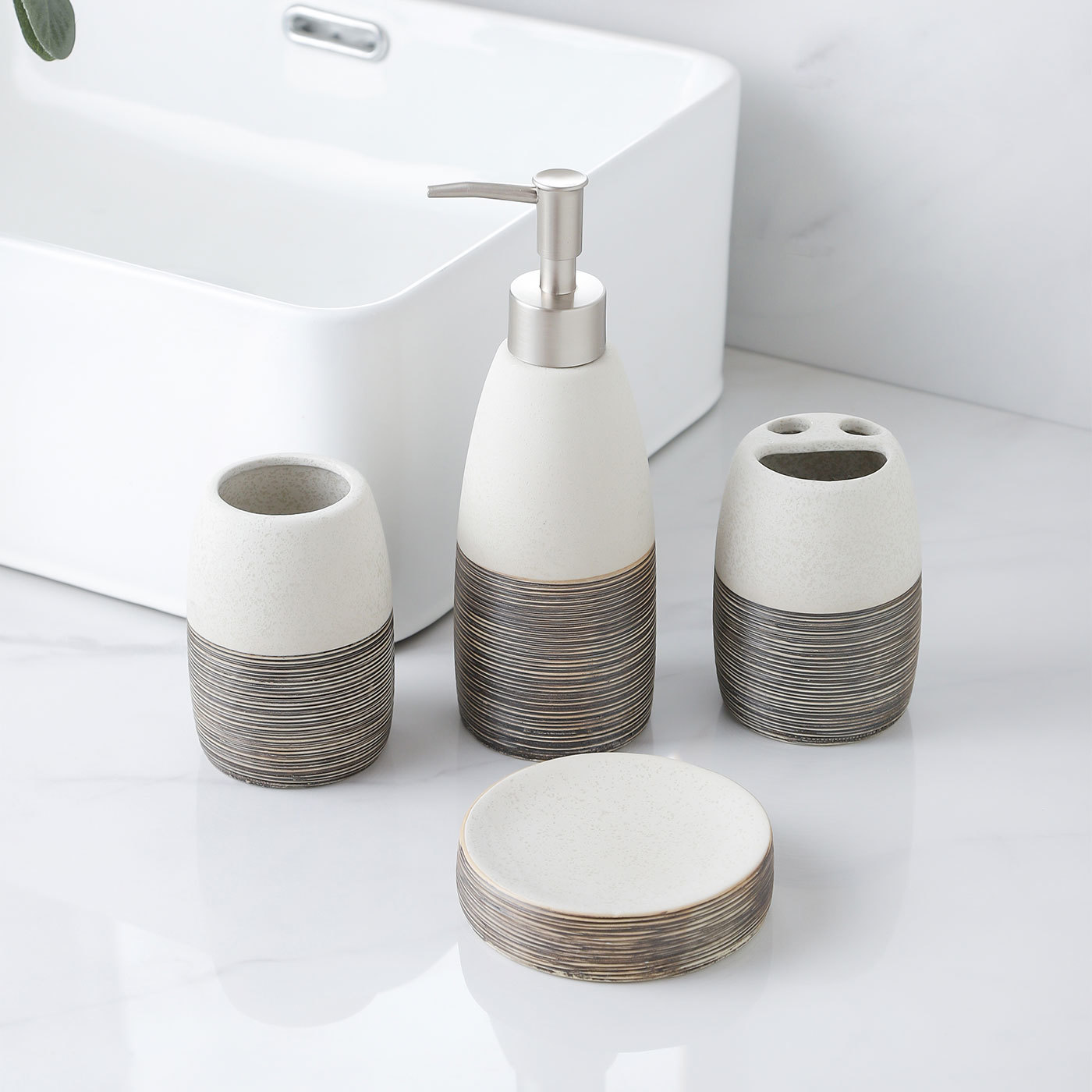 Ceramic 4-Piece Bathroom Set With Soap Dispenser, Toothbrush Holder, Tumbler, and Soap Dish for Home or Hotel Decor