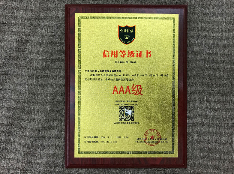 信用等級AAA證書