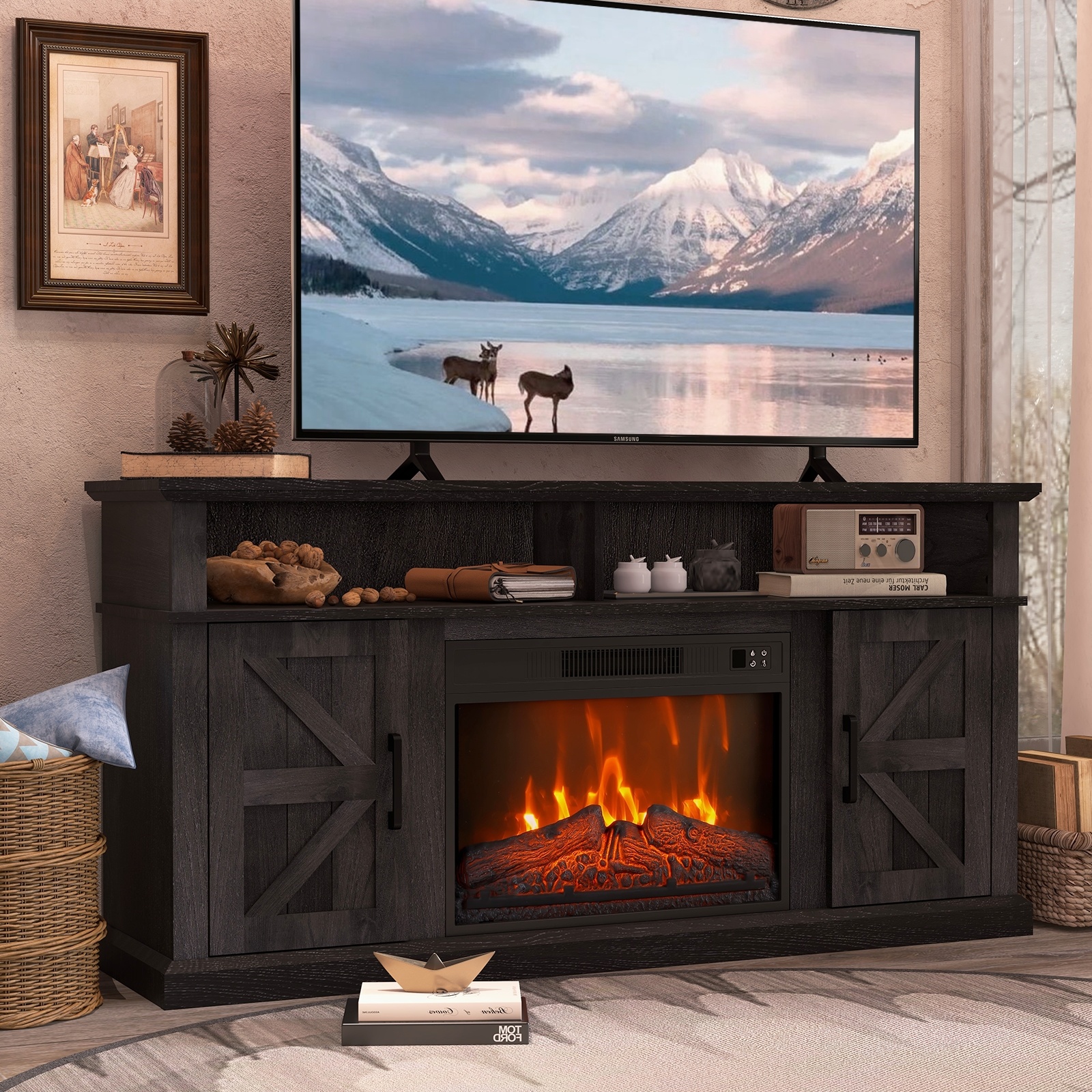 Luban Nese Fireplace TV Stand for TVs Up to 65" with 23" Electric Fireplace, Entertainment Center with Storage Cabinet and Open Shelves, Media Console with Barn Doors for Living Room (Espresso)，UPC:742420295764