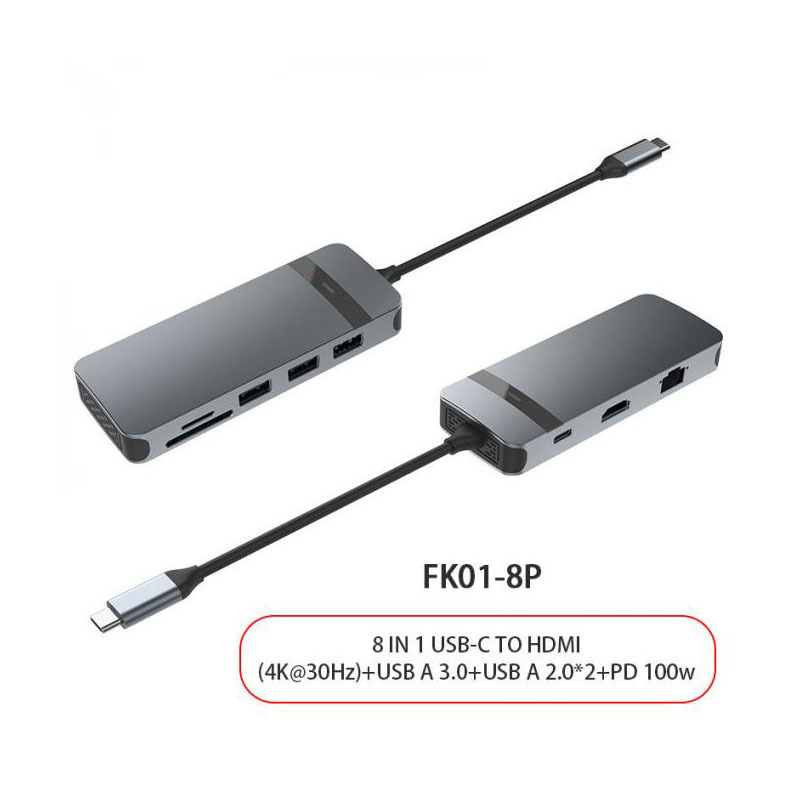 8 In 1 Usb C Hub Adapter Dongle 4K HDMI VGA Type C PD USB3.0 RJ45 Ethernet SD TF