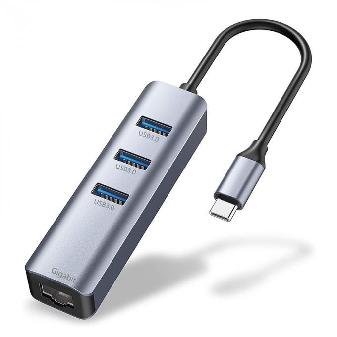 USB 3.1 Interface Type C to 3 Ports USB A 3.0 RJ45 Gigabit Ethernet Network Card Gray