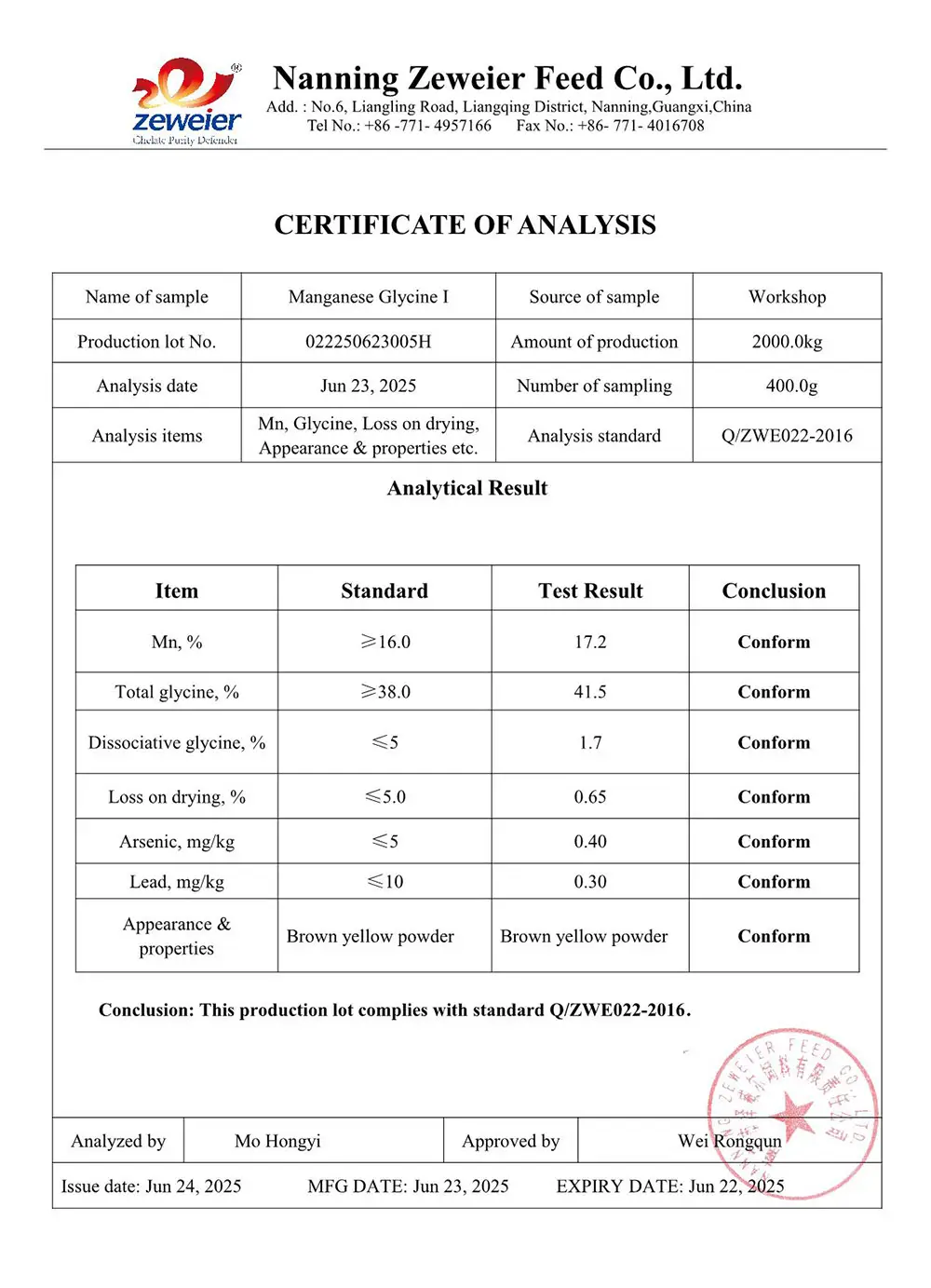 COA Manganese Glycine I