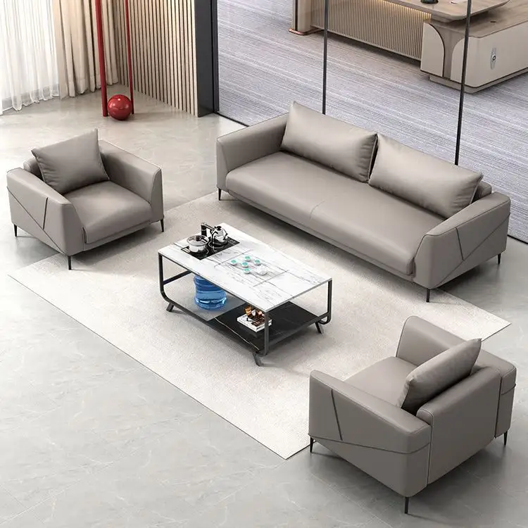 Luxury Grey Italian Furniture Living Room Lounge Lobby Hotel Office Sectional Genuine Leather Waist Pillow Small Sofa Set