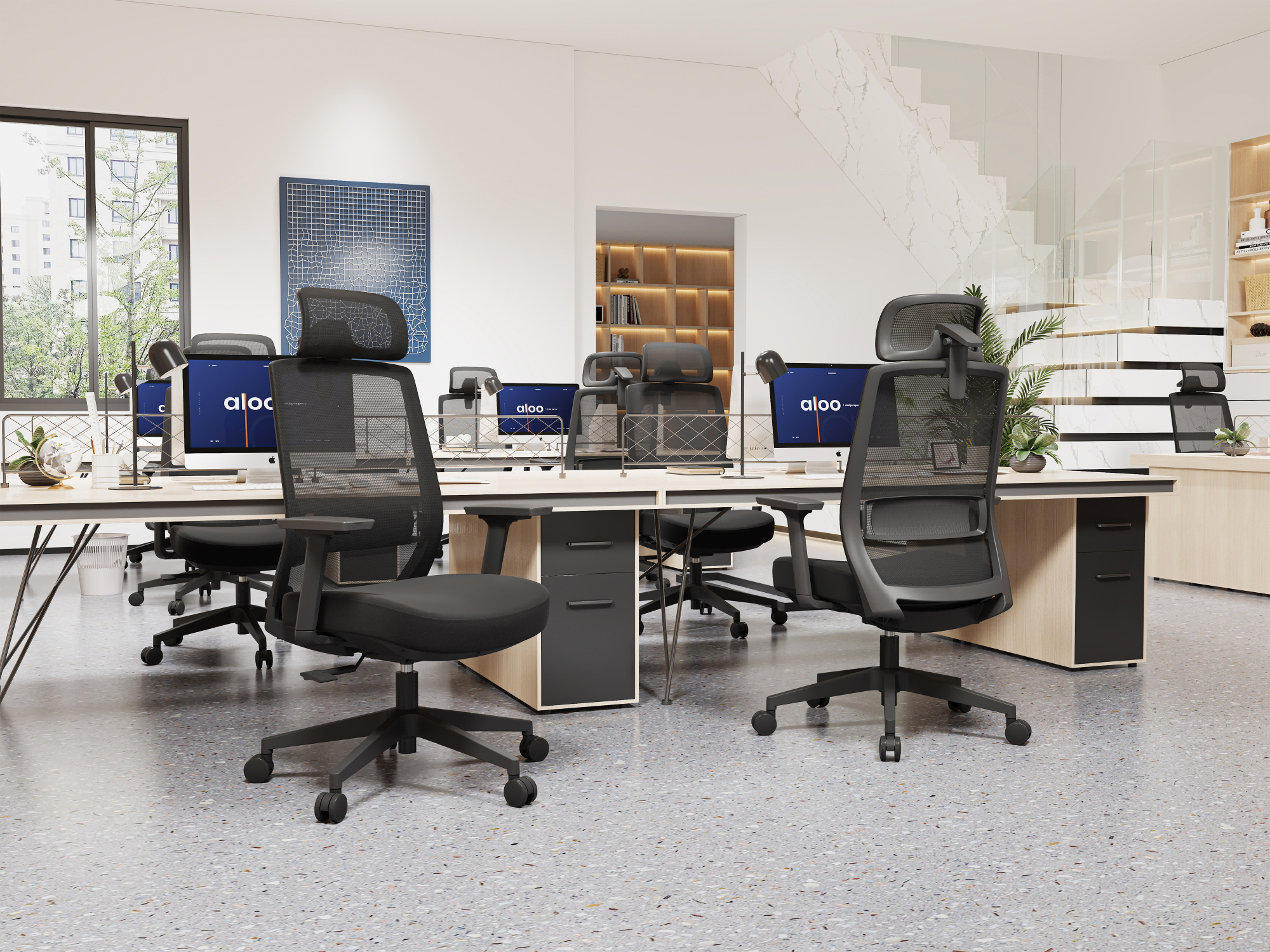 Ergonomic mesh office chair, adjustable waist high back desk chair PU wheels, swivel and rolling computer chair, suitable for long-term desk work-A619S-Black
