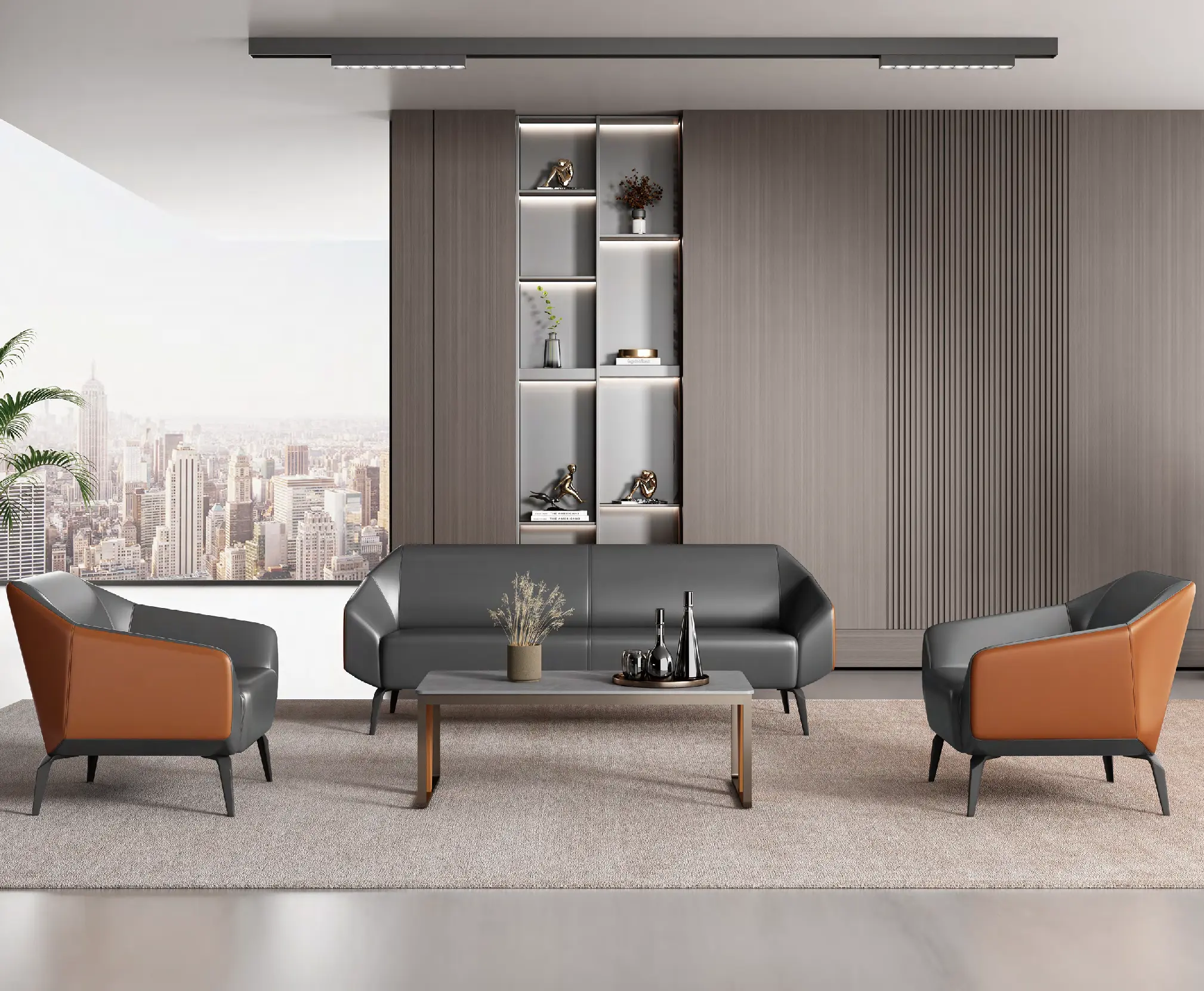 Luxury Grey Italian Furniture Lounge Lobby Hotel Office Living Room 6 Seats Modular Sectional Genuine Leather Small Sofa Set