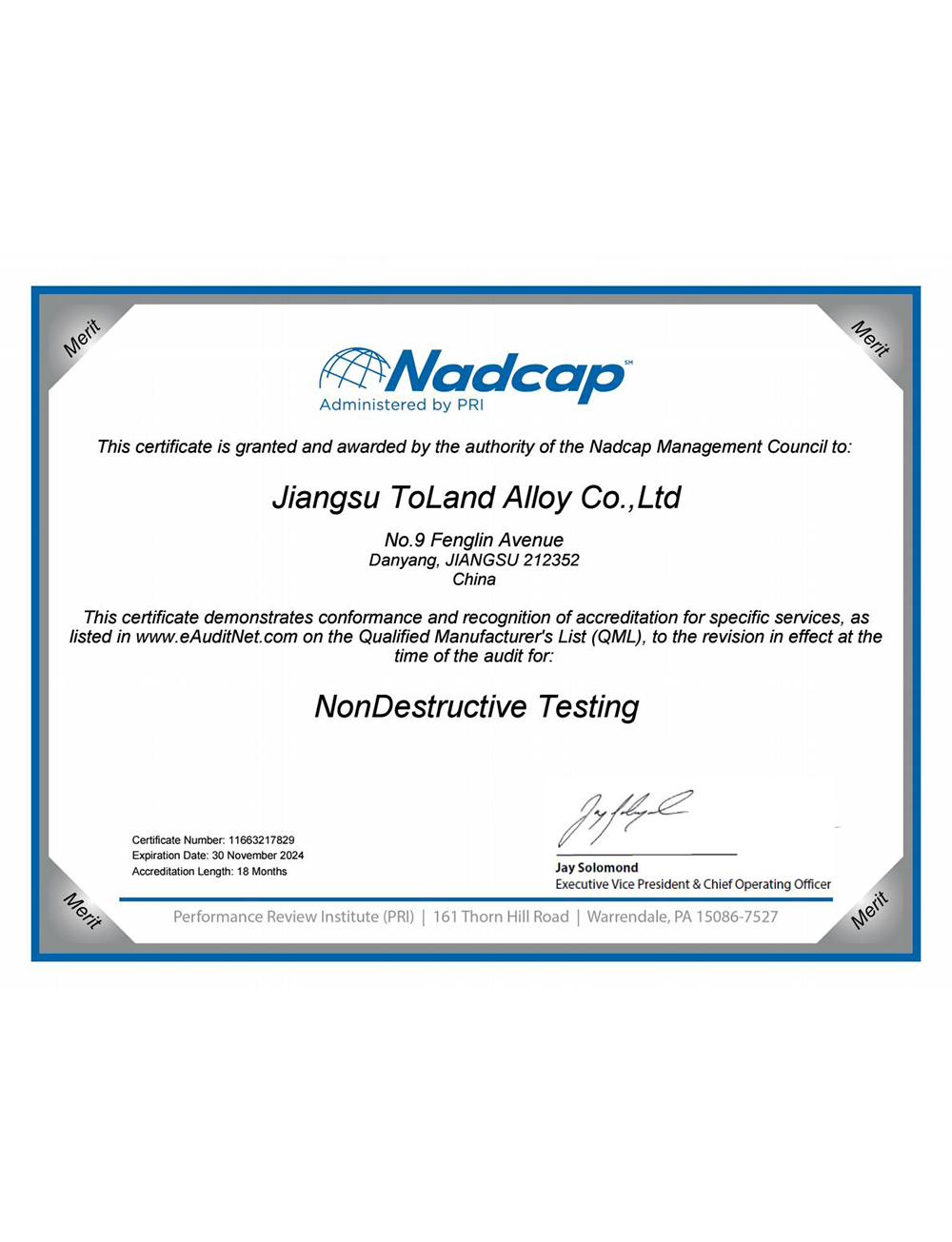 NADCAP certificate for fluorescent penetrant inspection NADCAP certificate for fluorescent penetrant inspection