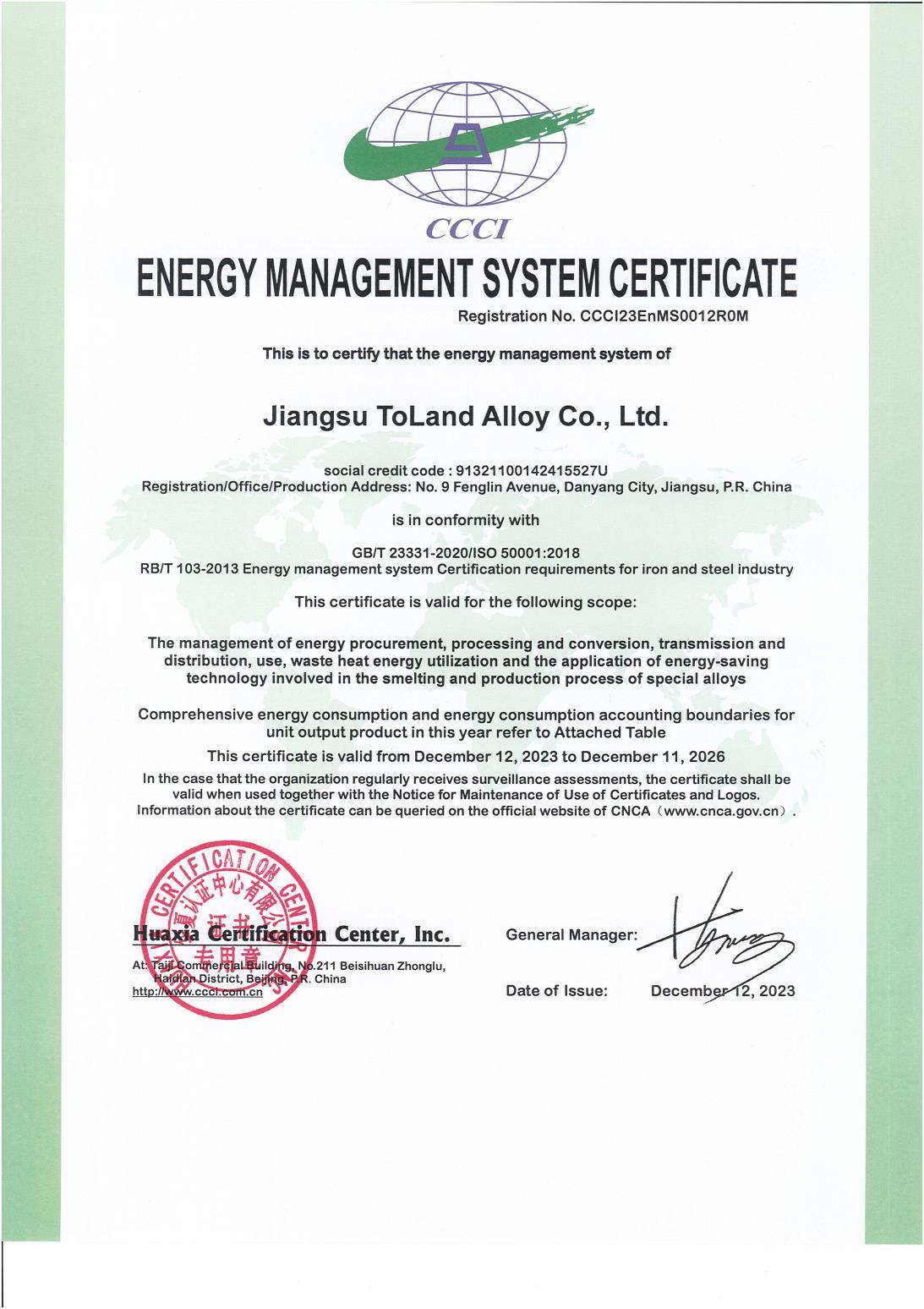Energy Management System Certification Certificate (CCCI23EnMS0012ROM) - English Energy Management System Certification Certificate (CCCI23EnMS0012ROM) - English