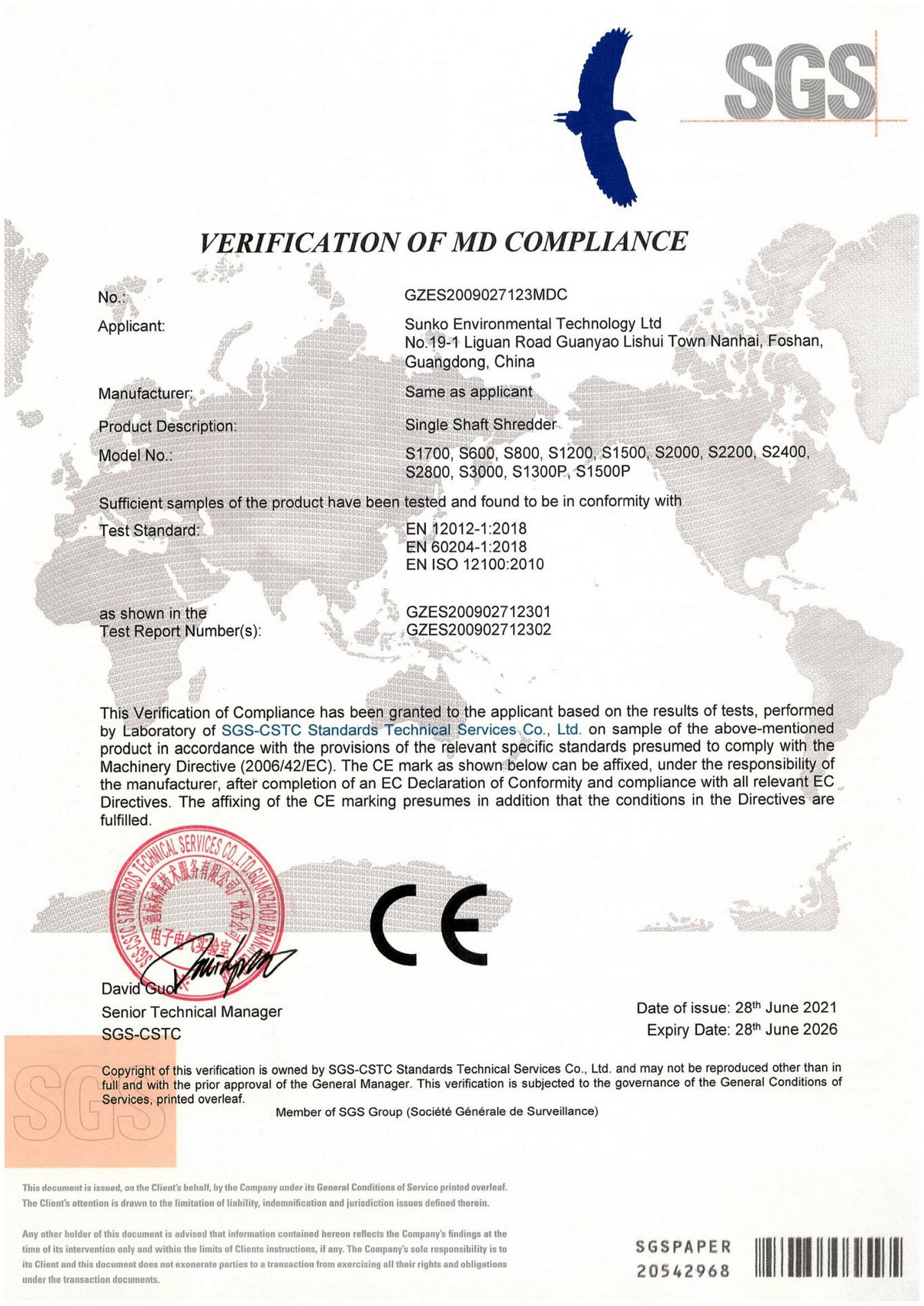 Single Axis Shredder CE Certificate