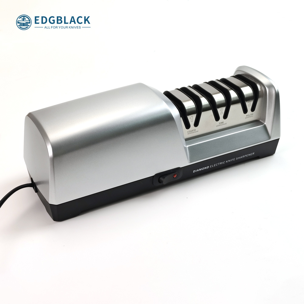 Three-stage electric knife sharpener with metallic appearance, welcome to customize logo and color Three-stage electric knife sharpener with metallic appearance, welcome to customize logo and color
