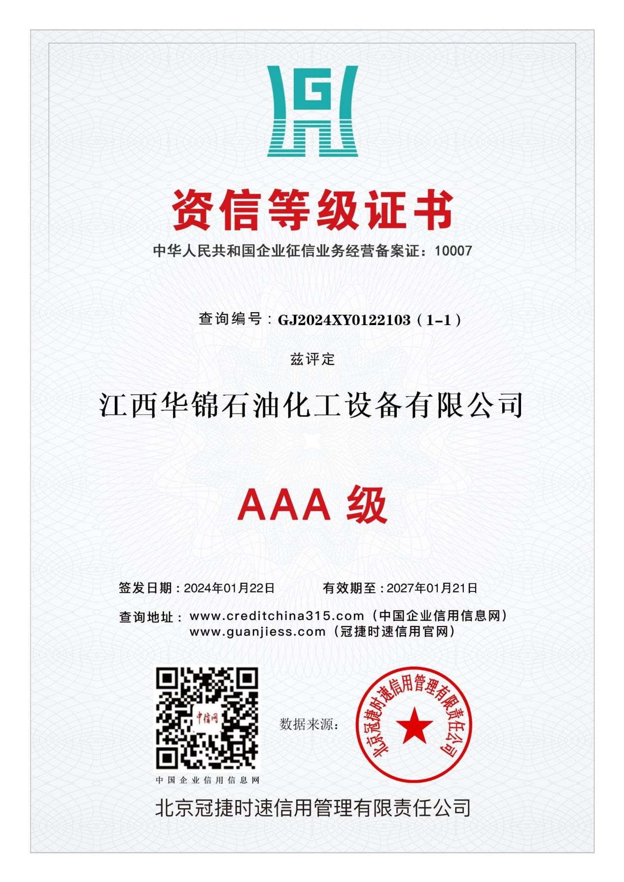 AAA Enterprise Credit Rating Certificate