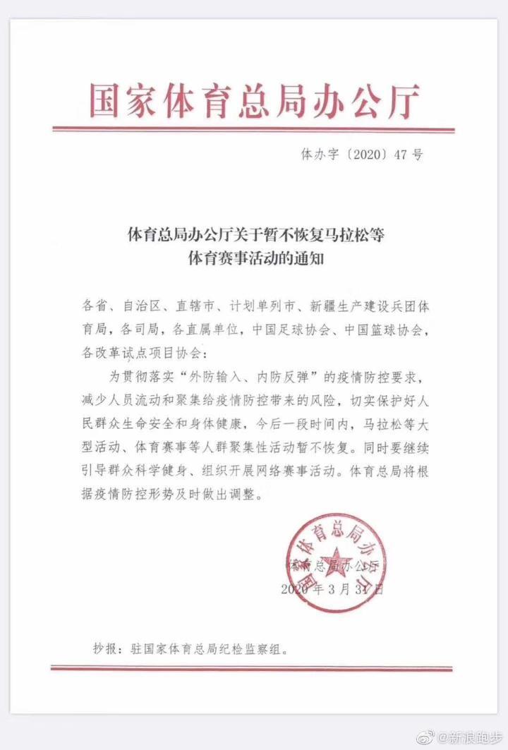 體育總局:馬拉松等大型體育賽事暫不恢復