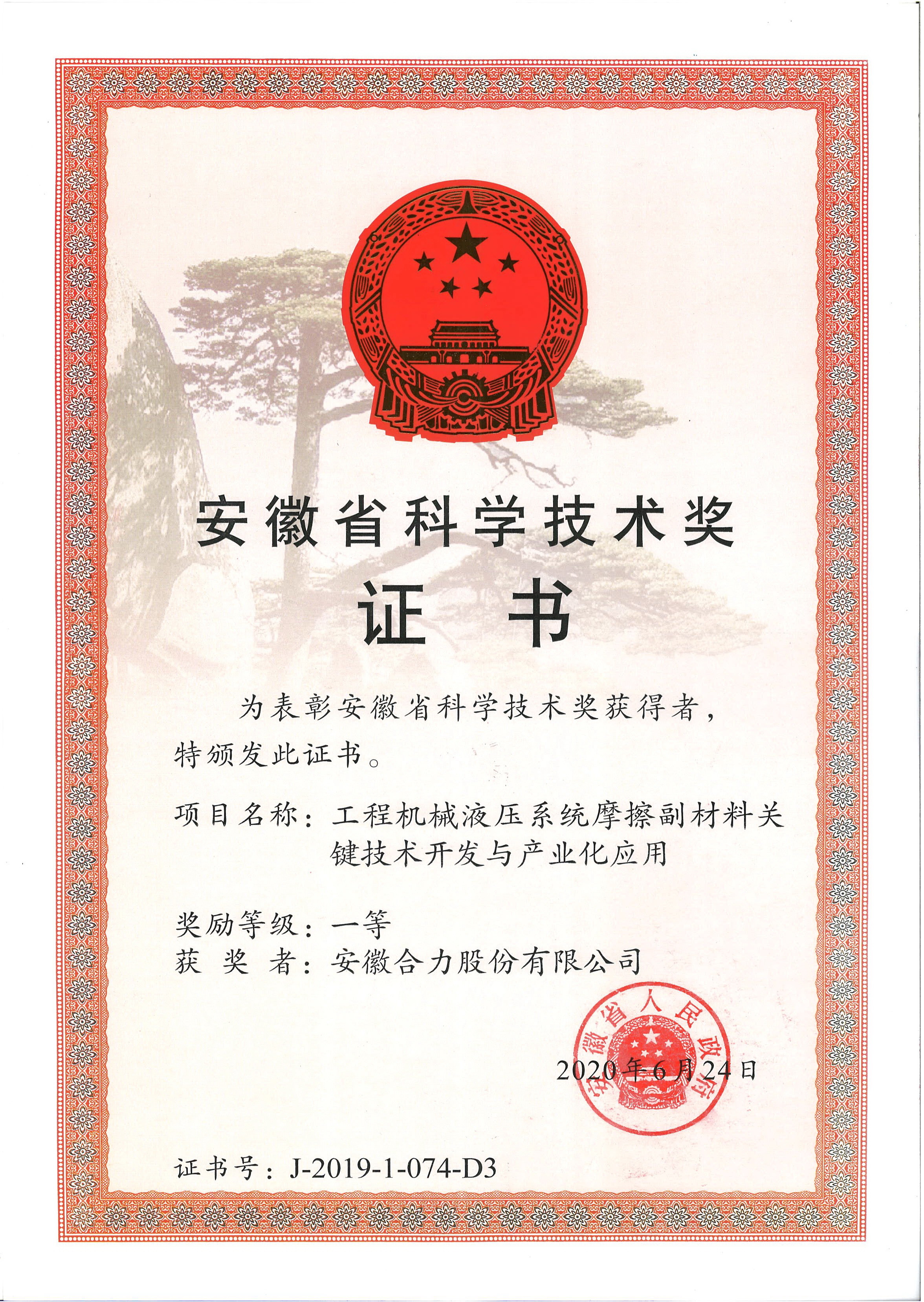 2020 安徽省科学技术奖一等奖