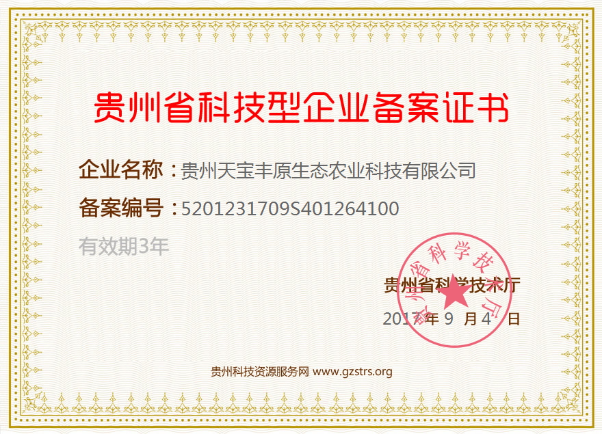 贵州省科技型企业备案证书