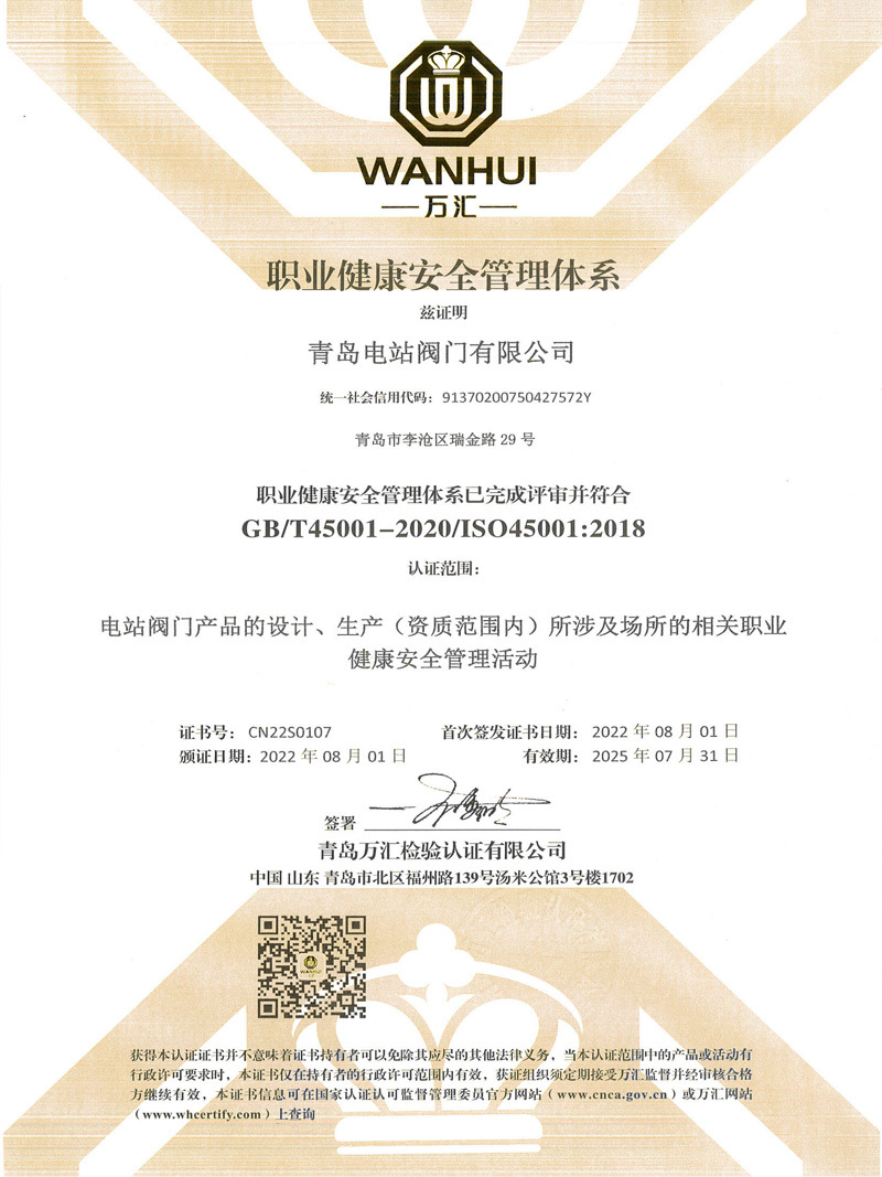 职业健康安全管理体系认证证书