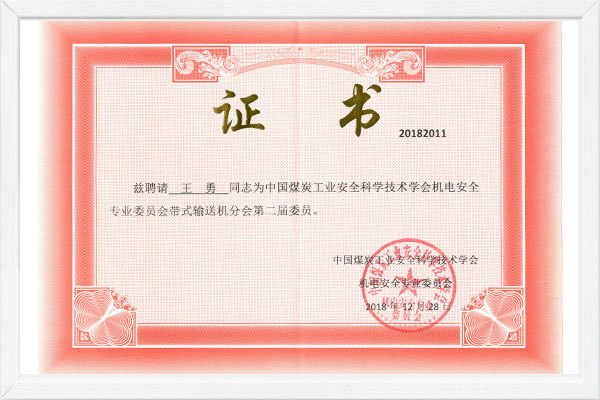 Inviting Comrade Wang Yong as the second member of the Belt Conveyor Branch of the Mechanical and Electrical Safety Professional Committee of China Coal Industry Safety Science and Technology Society Inviting Comrade Wang Yong as the second member of the Belt Conveyor Branch of the Mechanical and Electrical Safety Professional Committee of China Coal Industry Safety Science and Technology Society