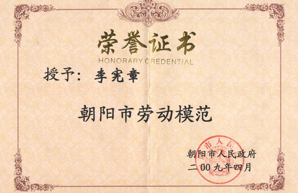 朝陽市勞動模范榮譽證書