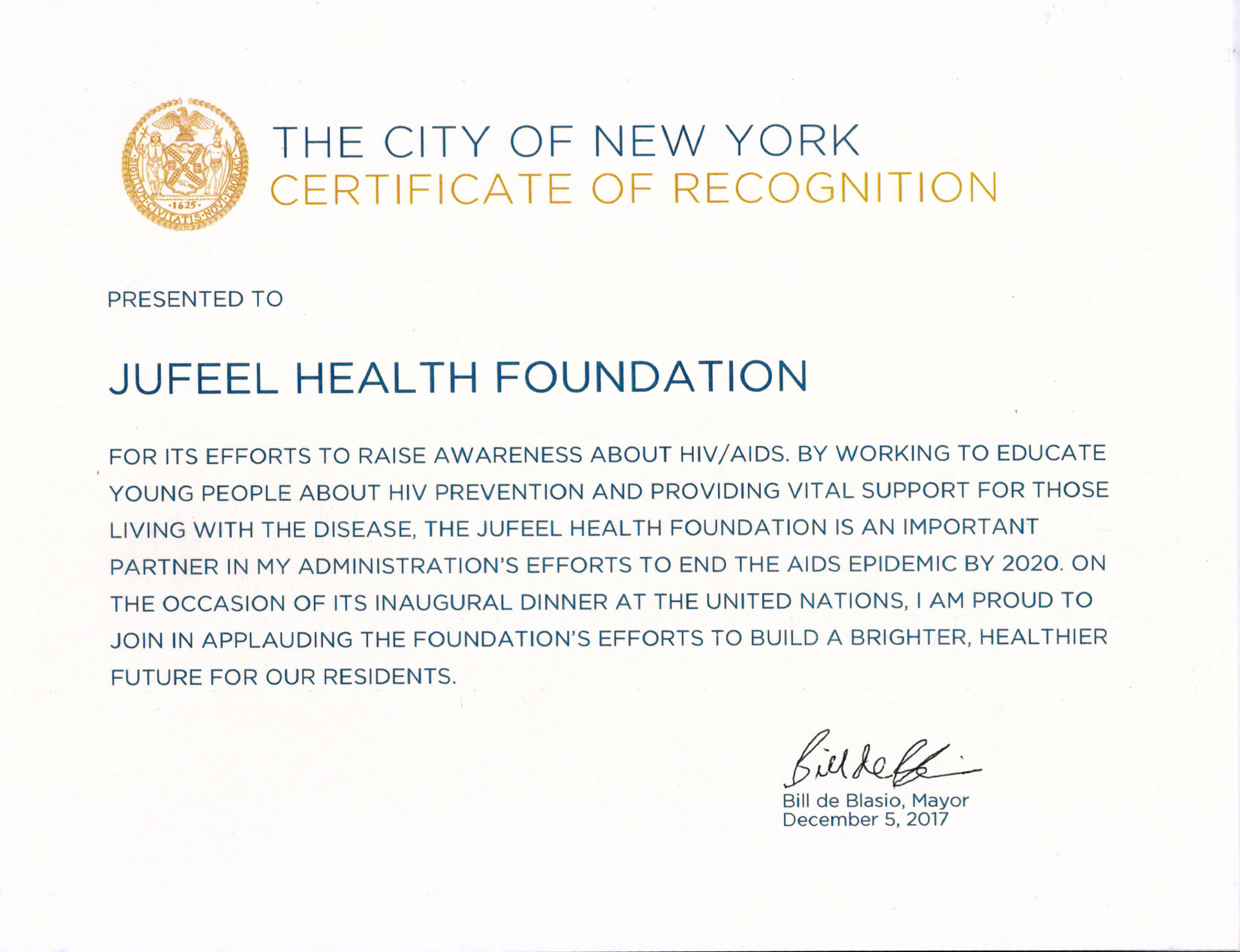 The Mayor of New York, Mr. Bai Sihao, awarded the Honorary Certificate to the Jiufulai Health Foundation The Mayor of New York, Mr. Bai Sihao, awarded the Honorary Certificate to the Jiufulai Health Foundation