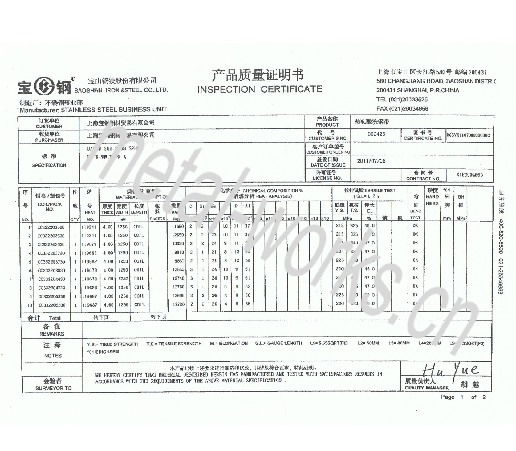 08-SPHC(HRS) Mill Certificate 08-SPHC(HRS) Mill Certificate