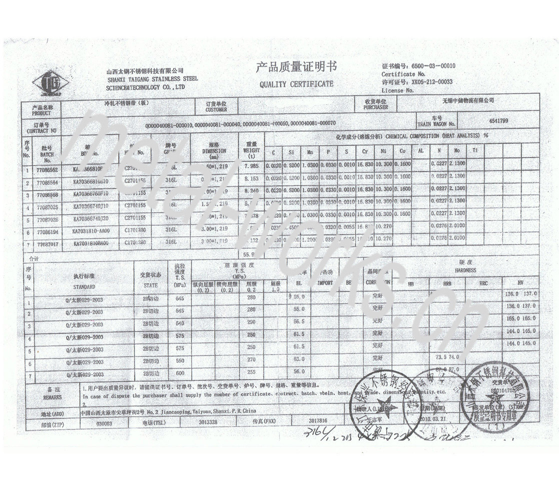 10-AiSi316L (1.4404)Stainless Steel Mill Certificate 10-AiSi316L (1.4404)Stainless Steel Mill Certificate