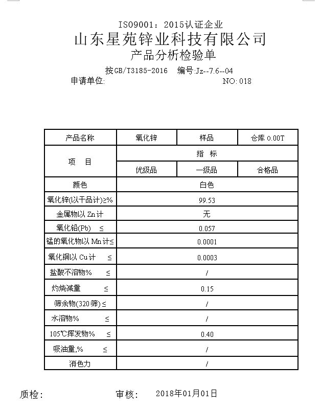 Zinc oxide analysis test sheet (99.5%). Zinc oxide analysis test sheet (99.5%).