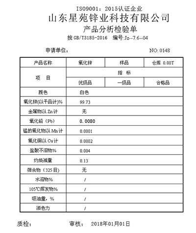 Zinc oxide analysis test sheet (99.7%) Zinc oxide analysis test sheet (99.7%)