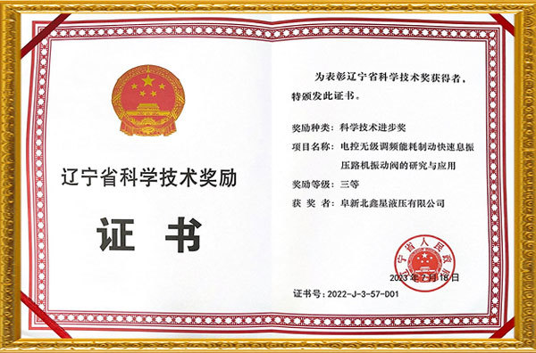 遼寧省科學技術獎勵證書