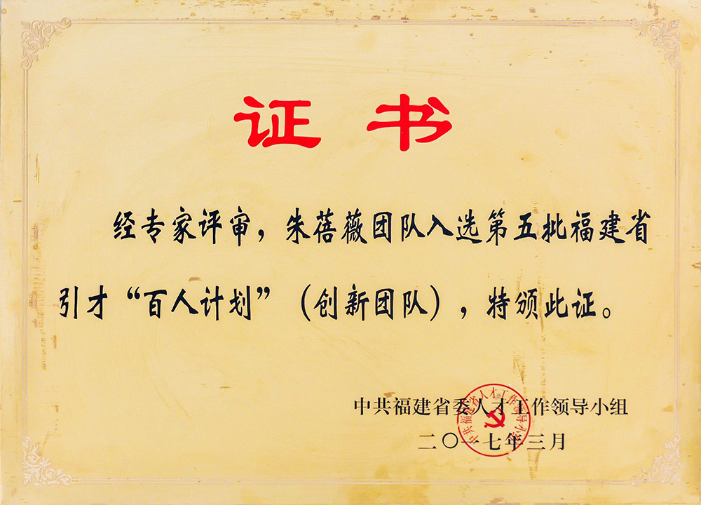 福建省引才“百人计划”证书