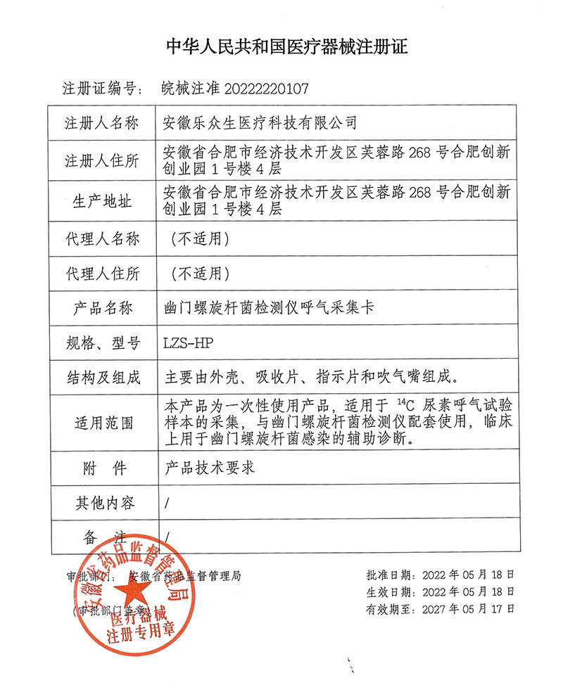 Helicobacter pylori detector breath collection card registration certificate Helicobacter pylori detector breath collection card registration certificate