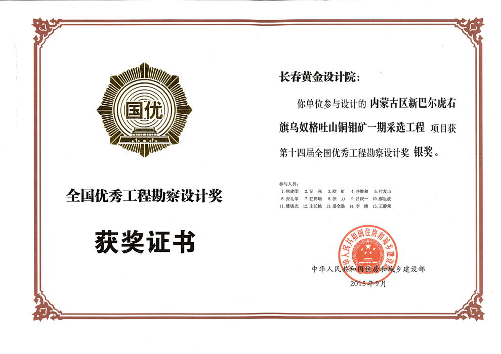 十四届全国优秀工程勘察设计银奖——内蒙古区新巴尔虎右旗乌努格吐山铜钼矿一期采选工程